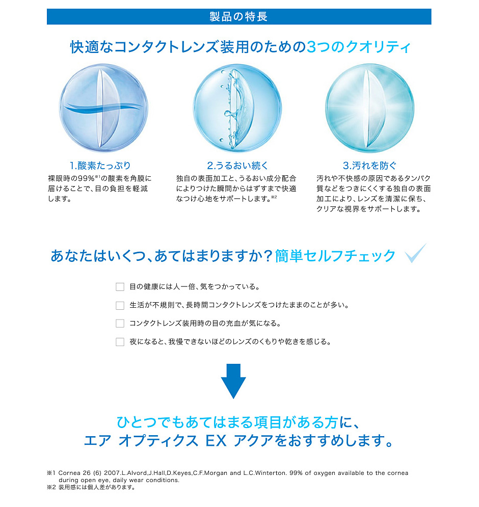 製品の特徴　快適なコンタクトレンズ装用のための3つのクオリティ　1.酸素たっぷり　2.うるおい続く　3.汚れ防ぐ