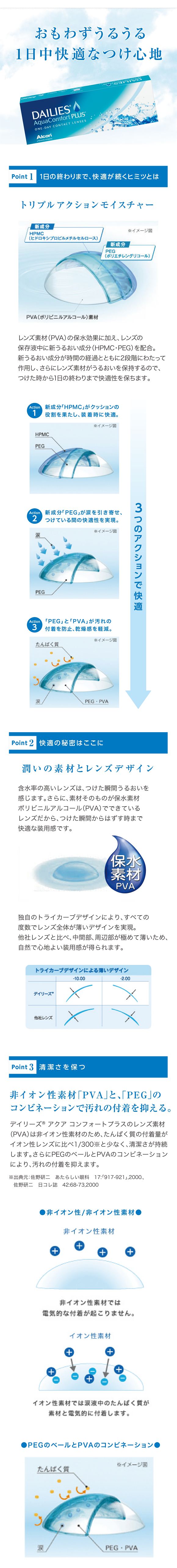 おもわずうるうる、1日中快適なつけ心地。トリプルアクションモイスチャー。潤いの素材とレンズデザイン。非イオン性素材「PVA」と「PEG」のコンビネーションで汚れの付着を抑える。