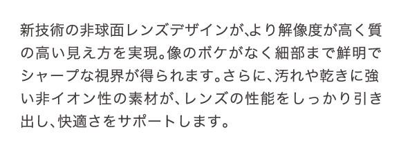 新技術の非球面レンズデザインが、より解像度が高く質の高い見え方を実現。