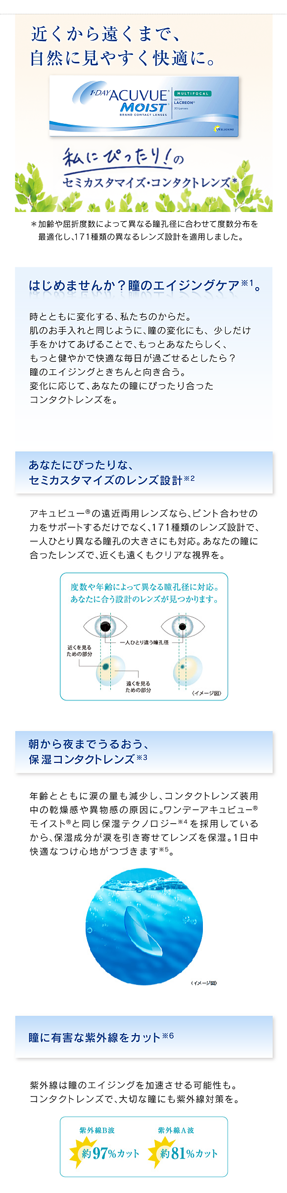 近くから遠くまで、自然に見やすく快適に。はじめませんか？瞳のエイジングケア。時とともに変化する、私たちのからだ。肌のお手入れと同じように、瞳の変化にも、少しだけ手をかけてあげることで、もっとあなたらしく、もっと健やかで快適な毎日が過ごせるとしたら？瞳のエイジングときちんと向き合う。変化に応じて、あなたの瞳にぴったり合ったコンタクトレンズを。