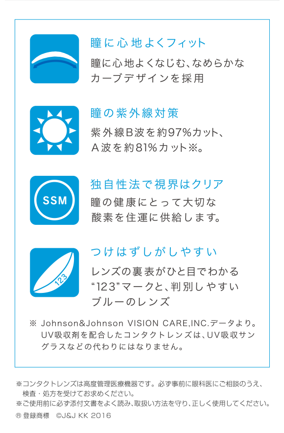 瞳に心地よくフィット　瞳の紫外線対策　独自性法で視界はクリア　つけはずしがしやすい