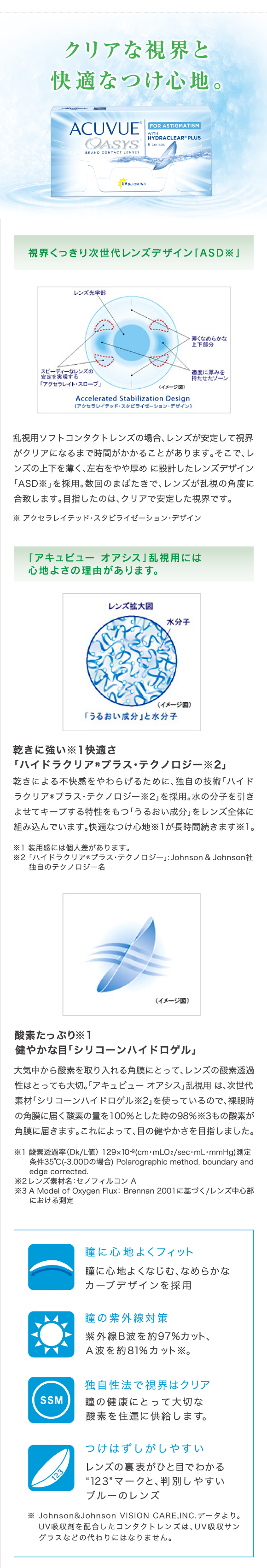 クリアな視界と快適なつけ心地。視界くっきり次世代レンズデザイン「ASD」。「アキビュー オアシス」乱視用には心地よさの利用があります。