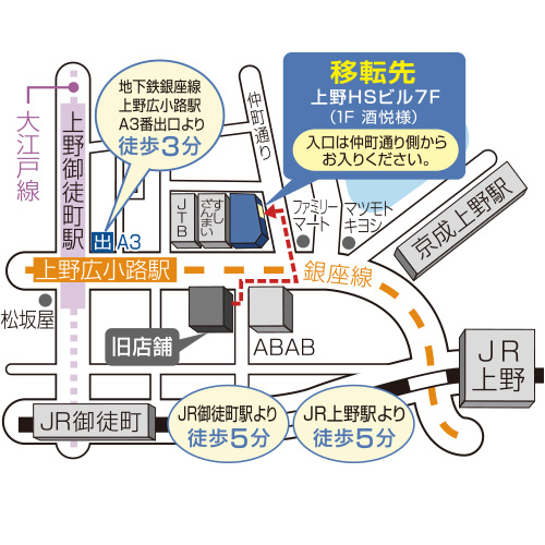 移転先、上野HSビル７F（1F 酒悦様）入口は仲町通り側からお入りください。